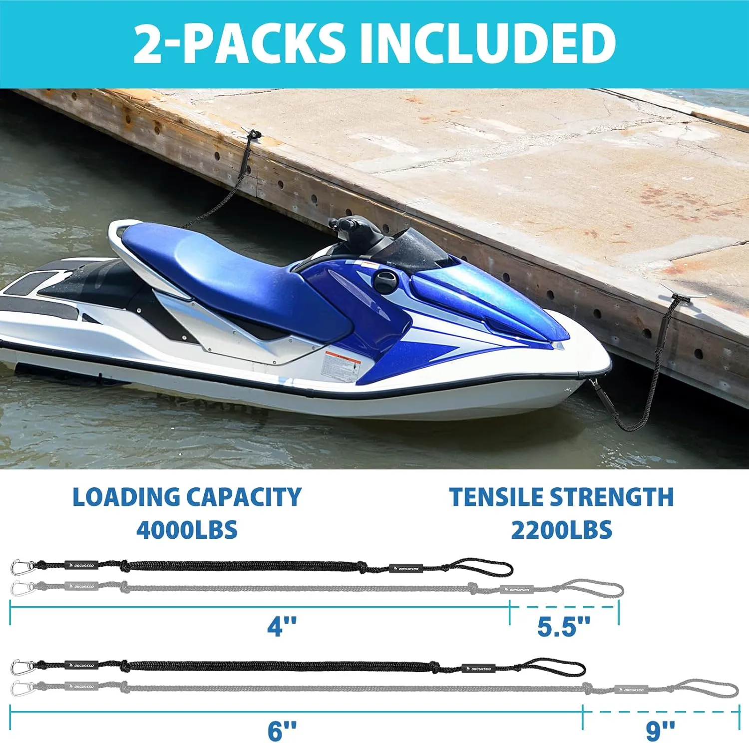 Obcursco Bungee Dock Lines for Boat, Docking Rope with 316 Stainless Steel Clips, Accessories for Jet Ski, PWC, SeaDoo, Yamaha WaveRunner, Marine, Kayak, Pontoon, Sets of Two(4ft & 6ft) (Black)