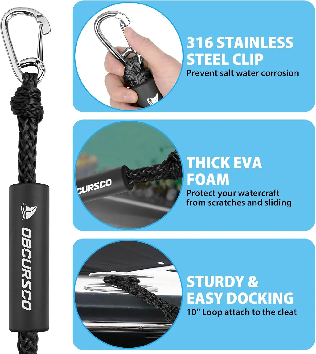 Obcursco Bungee Dock Lines for Boat, Docking Rope with 316 Stainless Steel Clips, Accessories for Jet Ski, PWC, SeaDoo, Yamaha WaveRunner, Marine, Kayak, Pontoon, Sets of Two(4ft & 6ft) (Black)