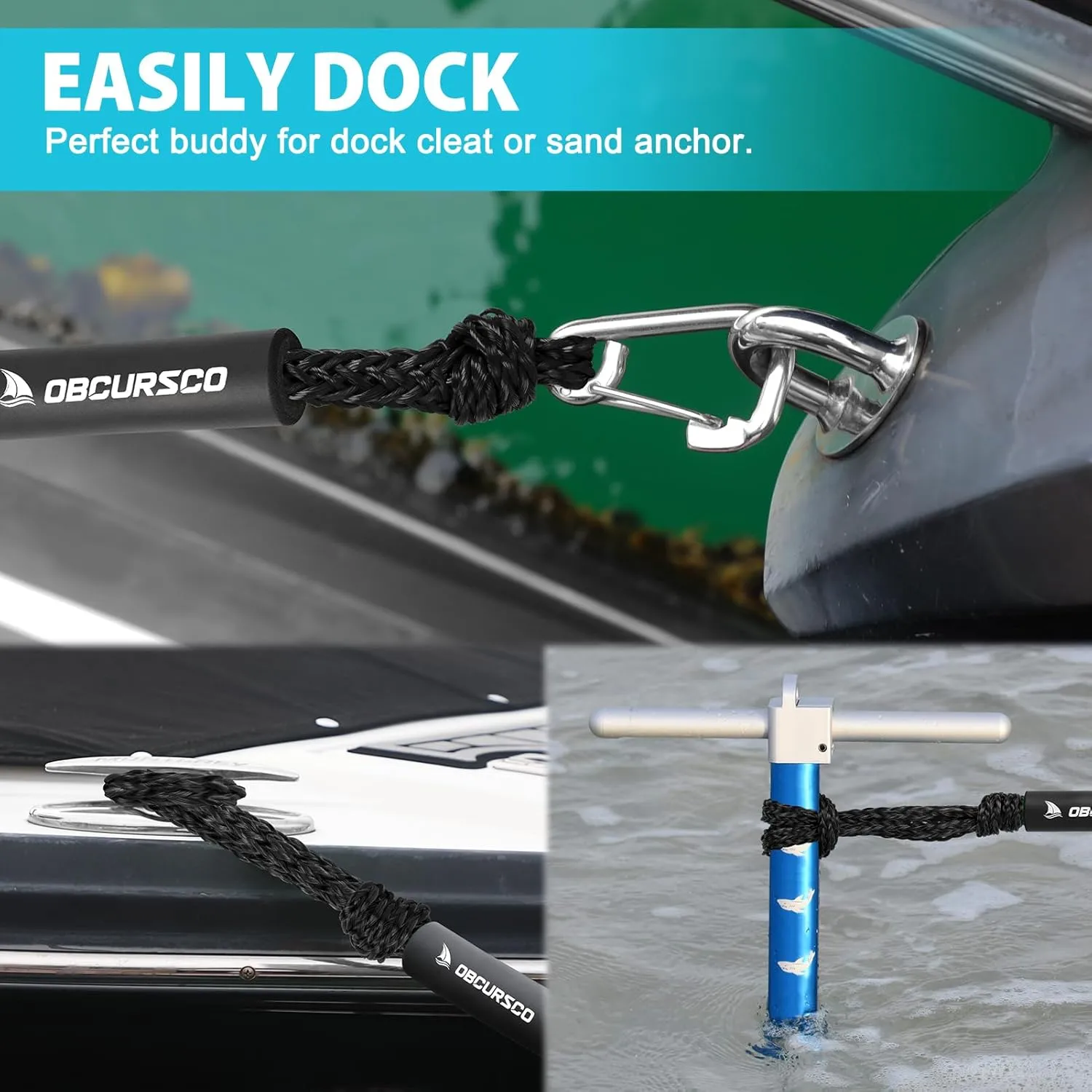 Obcursco Bungee Dock Lines for Boat, Docking Rope with 316 Stainless Steel Clips, Accessories for Jet Ski, PWC, SeaDoo, Yamaha WaveRunner, Marine, Kayak, Pontoon, Sets of Two(4ft & 6ft) (Black)