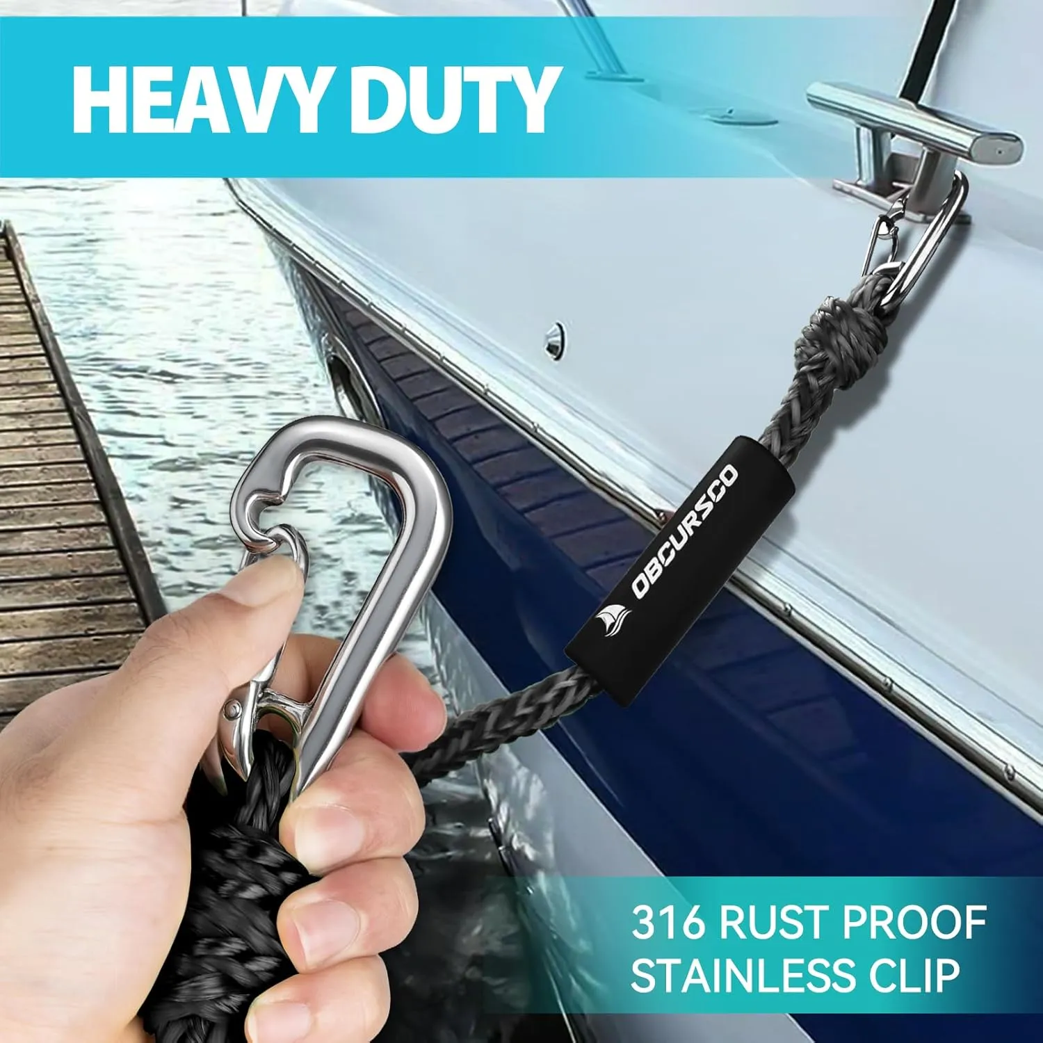 Obcursco Bungee Dock Lines for Boat, Docking Rope with 316 Stainless Steel Clips, Accessories for Jet Ski, PWC, SeaDoo, Yamaha WaveRunner, Marine, Kayak, Pontoon, Sets of Two(4ft & 6ft) (Black)