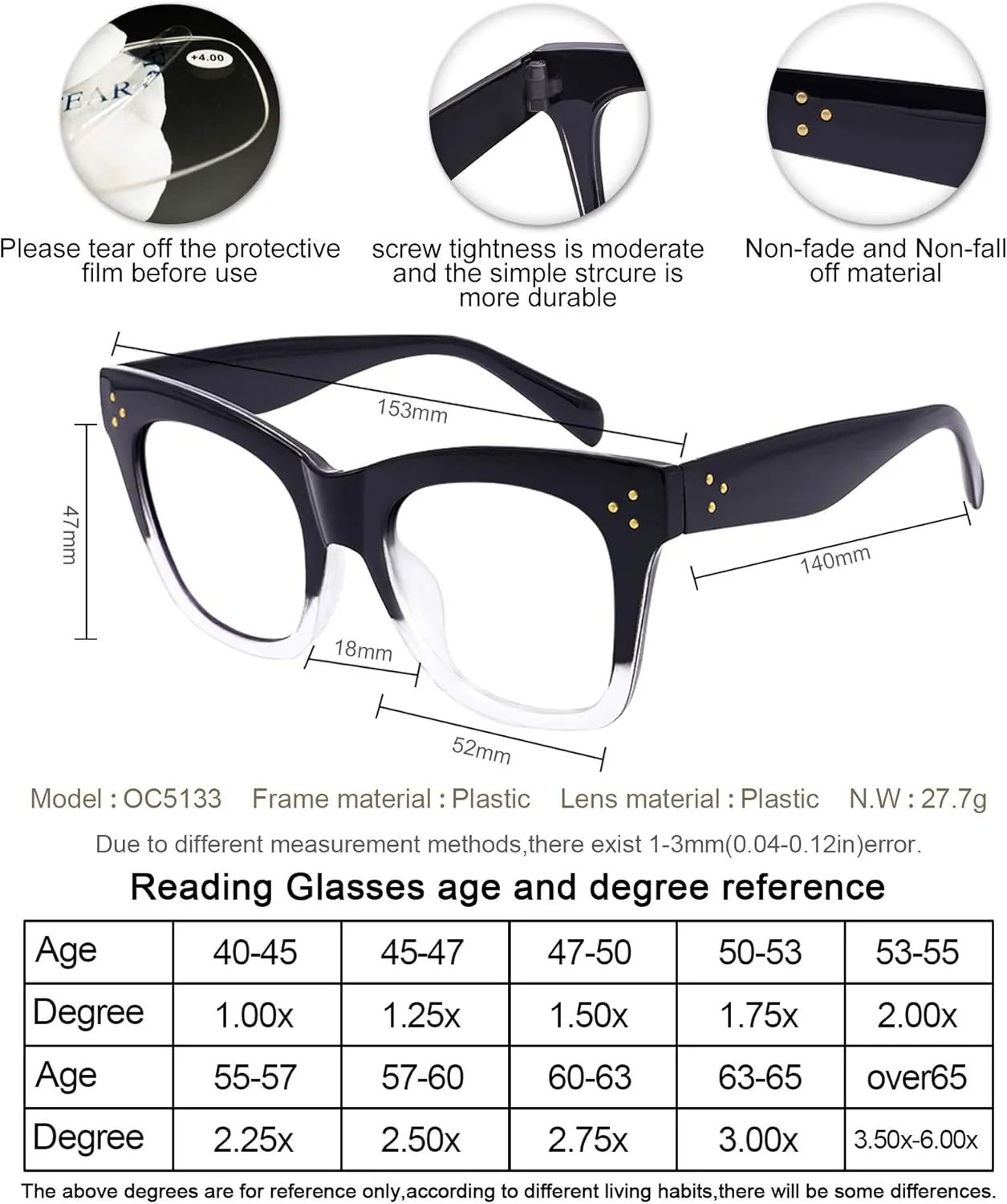 OCCI CHIARI Blue Light Blocking Reading Glasses 1.50 Womens Trendy Computer Oversized Readers 1.0 1.25 1.5 1.75 2.0 2.25 2.5 2.75 3.0 3.5 4.0 5.0 6.0(Black-Clear, 1.5)