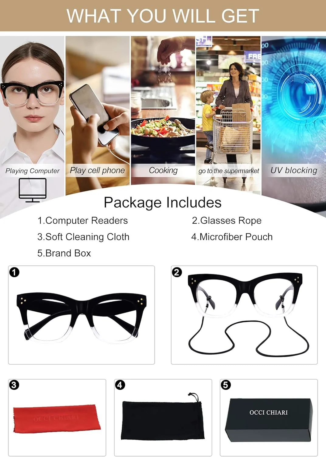 OCCI CHIARI Blue Light Blocking Reading Glasses 1.50 Womens Trendy Computer Oversized Readers 1.0 1.25 1.5 1.75 2.0 2.25 2.5 2.75 3.0 3.5 4.0 5.0 6.0(Black-Clear, 1.5)