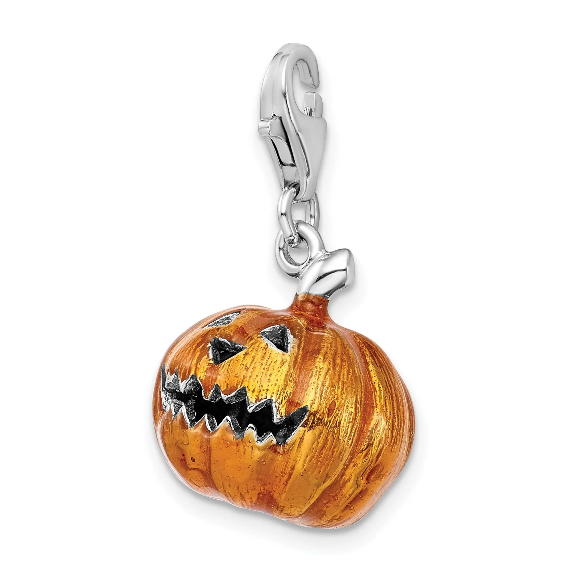 Orange and Black 3-D Jack O Lantern Clip-On Charm Pendant in Real 925 Sterling Silver