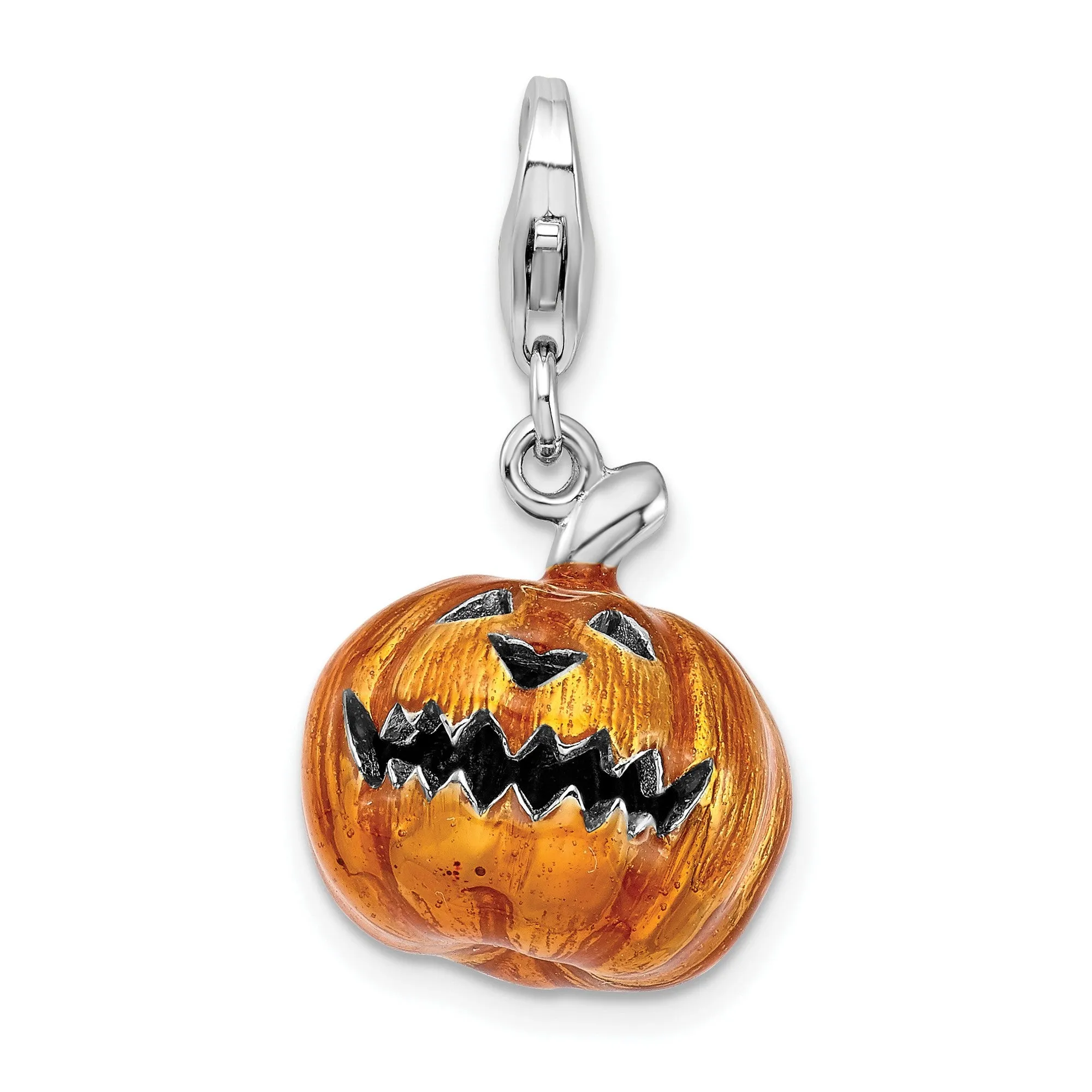 Orange and Black 3-D Jack O Lantern Clip-On Charm Pendant in Real 925 Sterling Silver