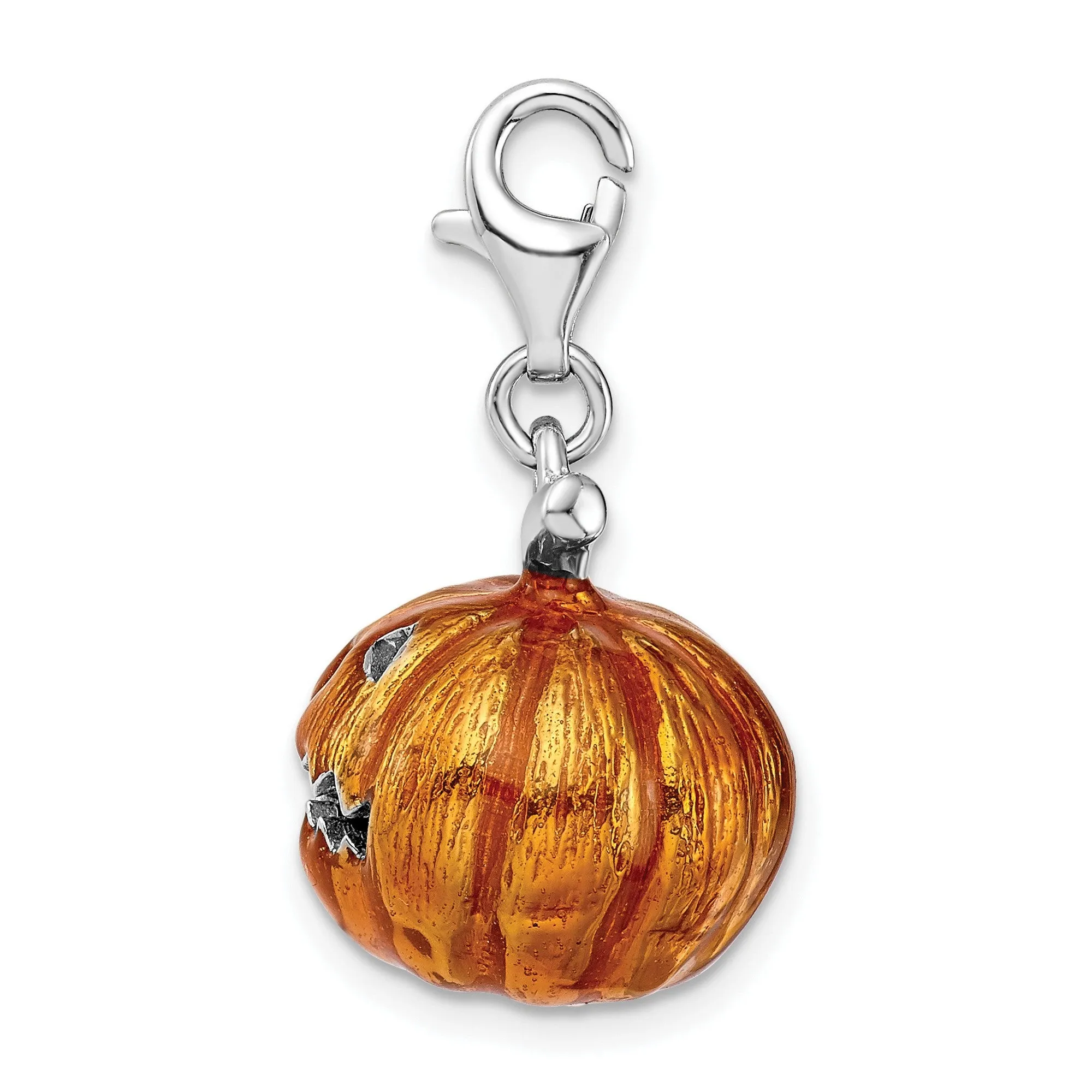 Orange and Black 3-D Jack O Lantern Clip-On Charm Pendant in Real 925 Sterling Silver