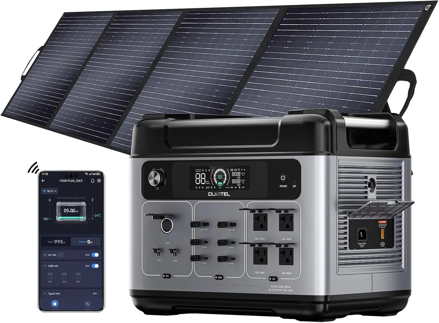 OUKITEL P2001 Plus 2400W Power Station with 200W Solar Panel, 2048Wh Solar Generator with 4 AC Outlets (5000W Peak), 1.5H Full Charging, APP Control Battery Backup for Home, Camping & RVs