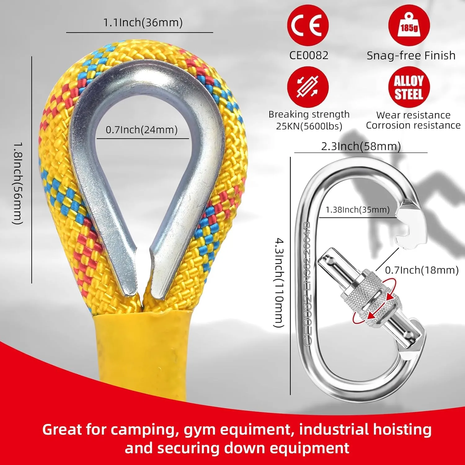Outdoor Climbing Rope 8MM/12MM 6 Colors 1M(3.2ft)-70M(230ft), Static Rock Climbing Rope with 2 Steel Hooks, Rappelling Rope for Outdoor, Hiking Safety Escape Rope, Rescue Parachute(Yellow, 8mm-20m)