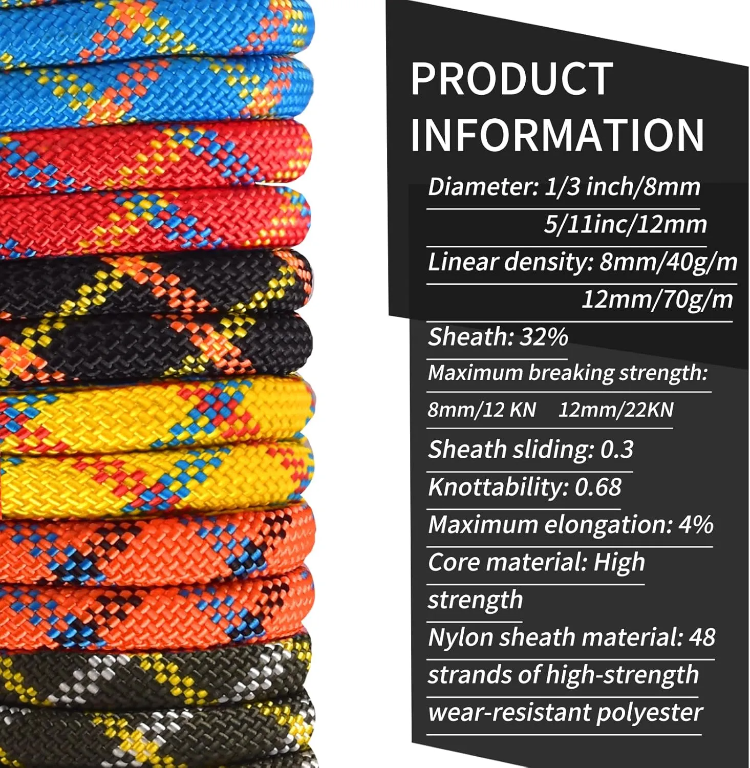 Outdoor Climbing Rope 8MM/12MM 6 Colors 1M(3.2ft)-70M(230ft), Static Rock Climbing Rope with 2 Steel Hooks, Rappelling Rope for Outdoor, Hiking Safety Escape Rope, Rescue Parachute(Yellow, 8mm-20m)