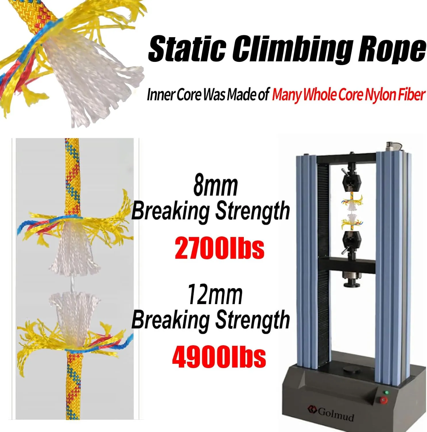 Outdoor Climbing Rope 8MM/12MM 6 Colors 1M(3.2ft)-70M(230ft), Static Rock Climbing Rope with 2 Steel Hooks, Rappelling Rope for Outdoor, Hiking Safety Escape Rope, Rescue Parachute(Yellow, 8mm-20m)