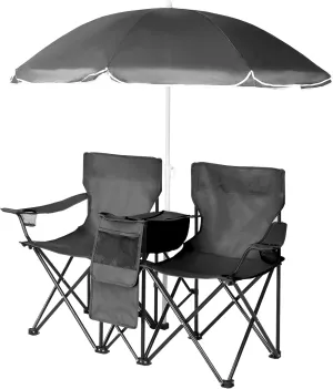 Outdoor Double Camping Chair w/Umbrella Folding/Foldable/Portable with Cooler Pouch, Mesh Backrest and Cup Holder Pocket Large Bearing Capacity for Beach Patio Pool Park