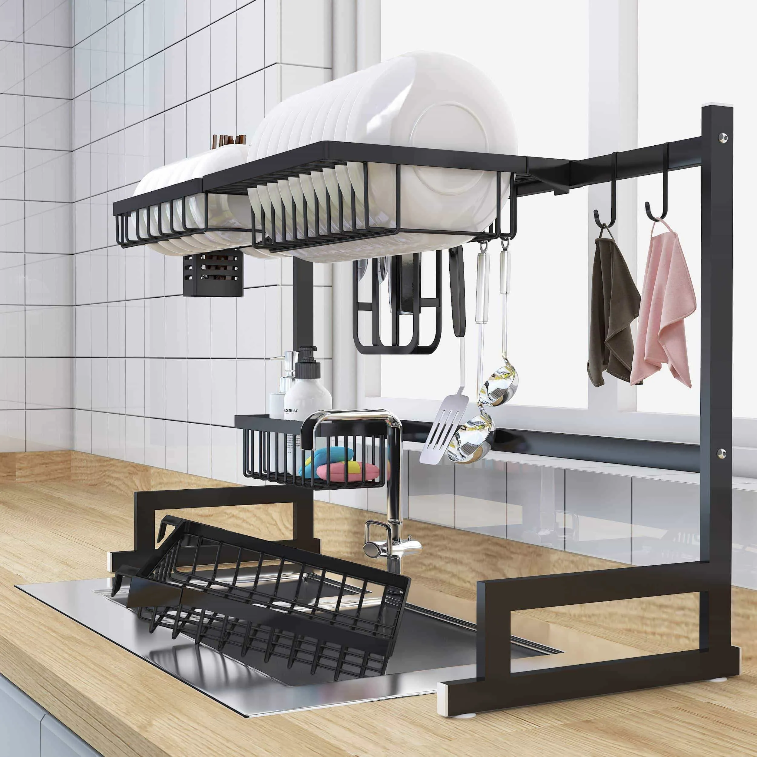 Over Sink Dish Drying Rack - Kitchen Organizer and Dish Drainer with 7 Interchangeable Racks and Caddies - Plus Bonus Wine Glass Rack That Mounts to Cabinetry