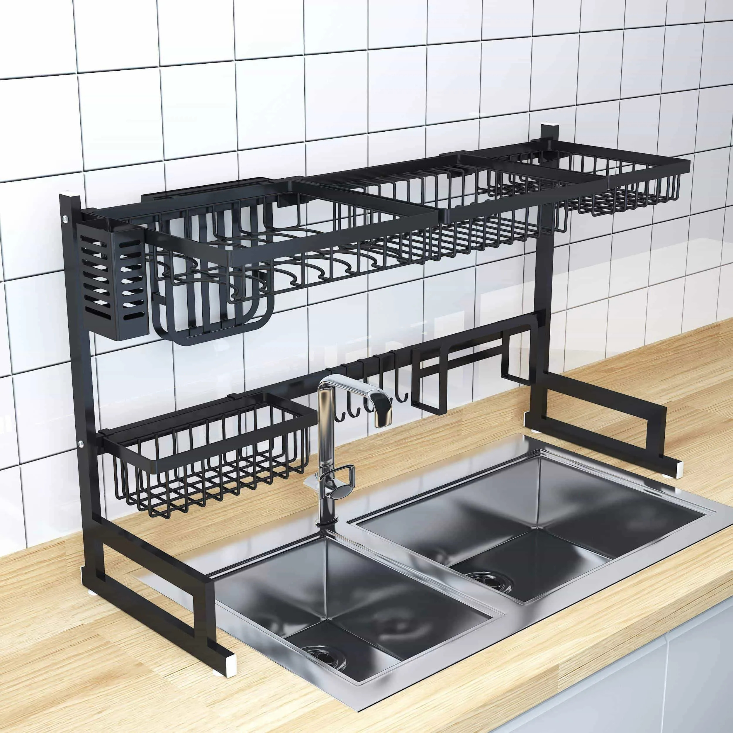 Over Sink Dish Drying Rack - Kitchen Organizer and Dish Drainer with 7 Interchangeable Racks and Caddies - Plus Bonus Wine Glass Rack That Mounts to Cabinetry