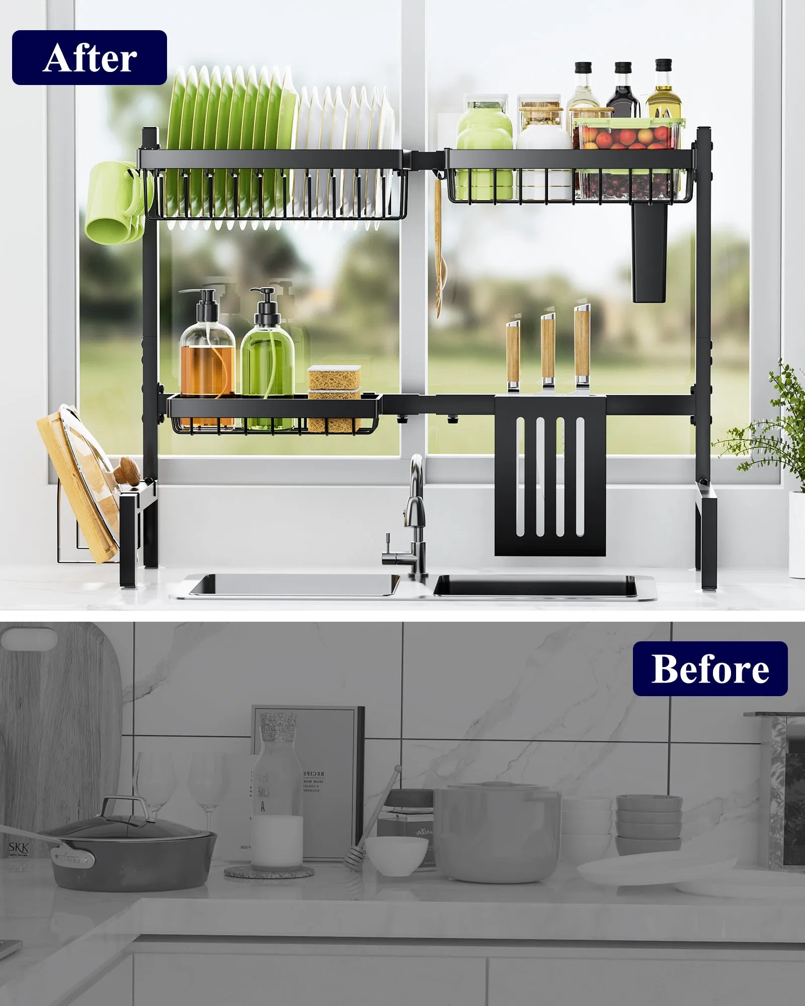 Over The Sink Dish Drying Rack -with Multifunctional Baskets, Black