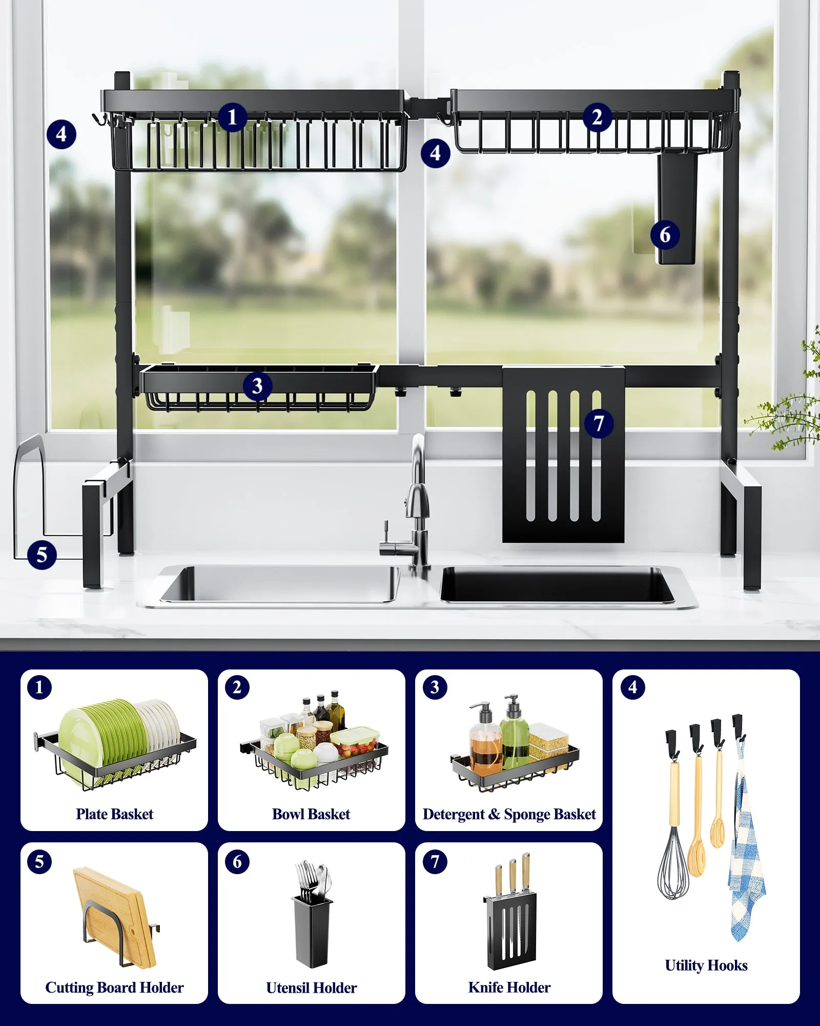 Over The Sink Dish Drying Rack -with Multifunctional Baskets, Black