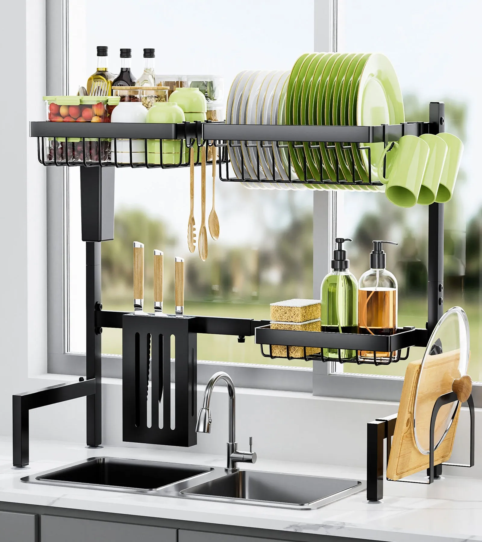Over The Sink Dish Drying Rack -with Multifunctional Baskets, Black