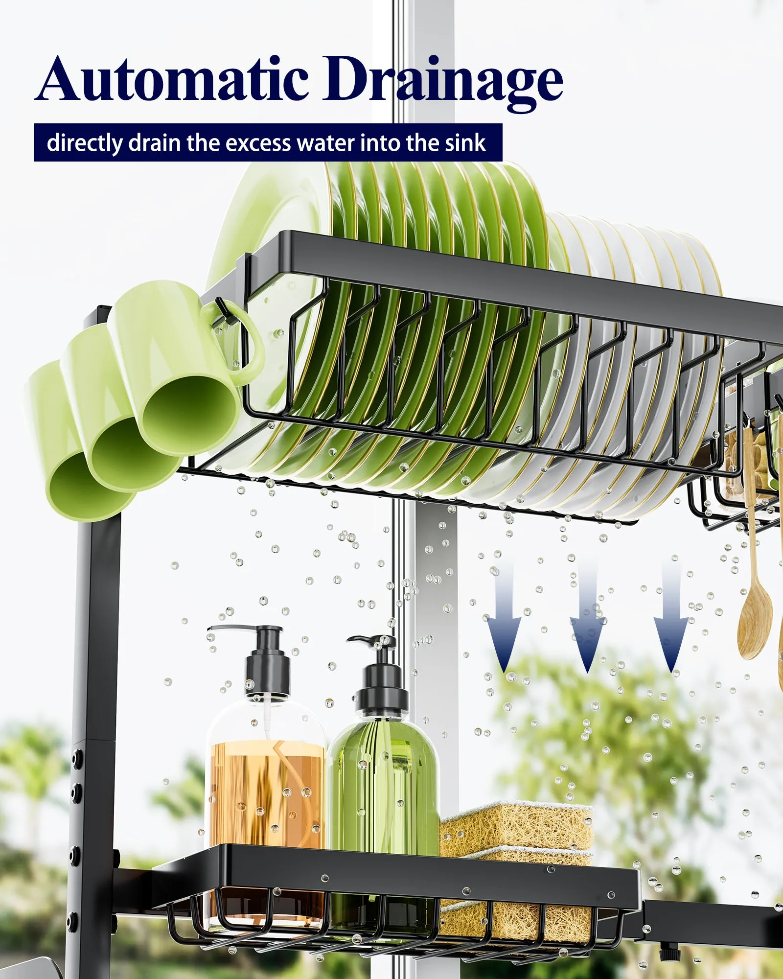 Over The Sink Dish Drying Rack -with Multifunctional Baskets, Black