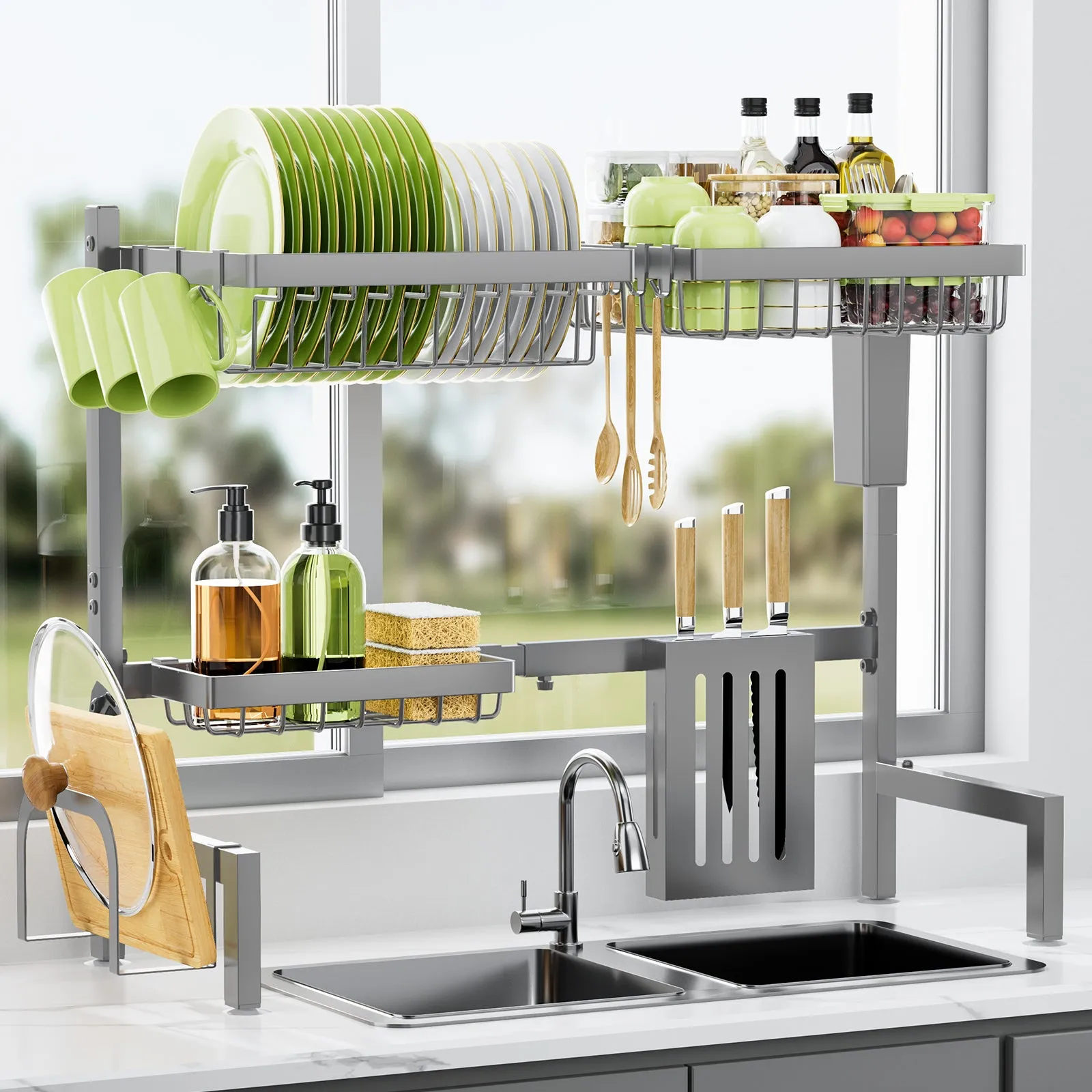 Over The Sink Dish Drying Rack -with Multifunctional Baskets, Black