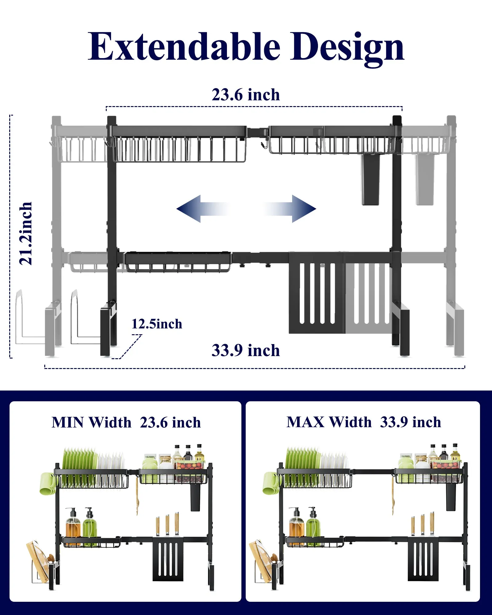 Over The Sink Dish Drying Rack -with Multifunctional Baskets, Black