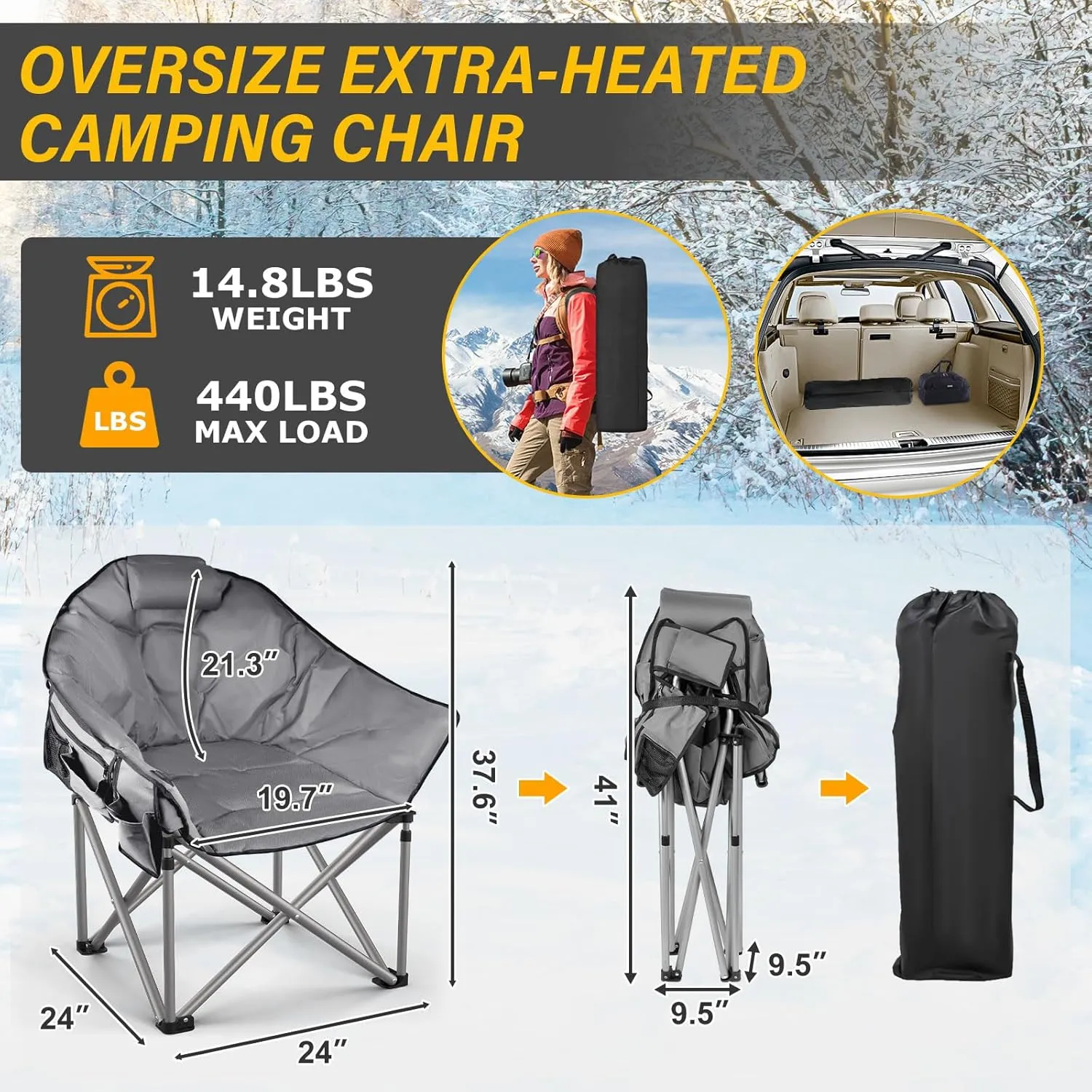Oversized Heated Camping Chair, 3 Heat Levels Portable Heated Folding Chairs with 20,000mAh Power Bank, Camping Heated Chair for Adults Supports 440 lbs, Heavy Lawn Chair for Camping/Patio