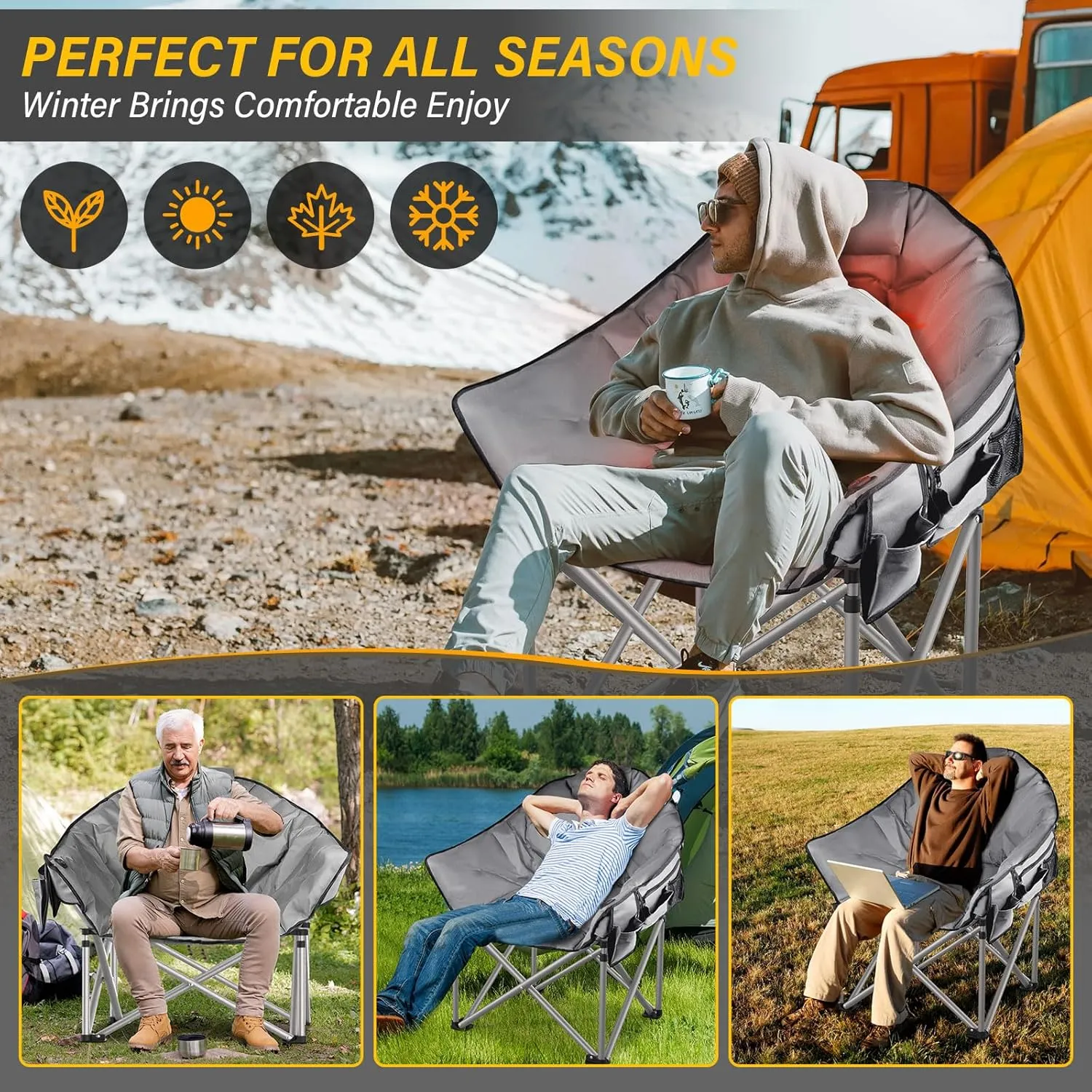 Oversized Heated Camping Chair, 3 Heat Levels Portable Heated Folding Chairs with 20,000mAh Power Bank, Camping Heated Chair for Adults Supports 440 lbs, Heavy Lawn Chair for Camping/Patio