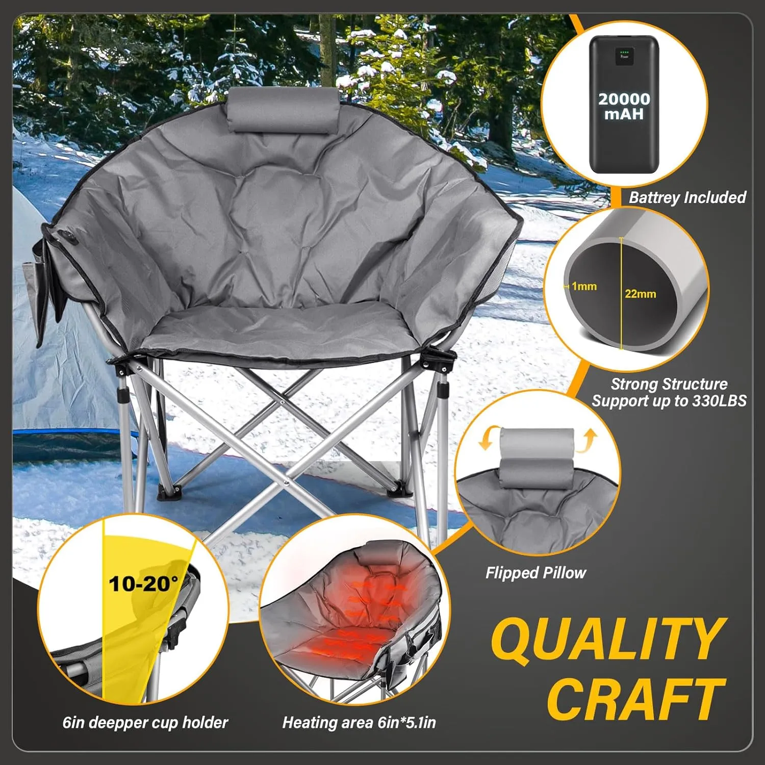 Oversized Heated Camping Chair, 3 Heat Levels Portable Heated Folding Chairs with 20,000mAh Power Bank, Camping Heated Chair for Adults Supports 440 lbs, Heavy Lawn Chair for Camping/Patio