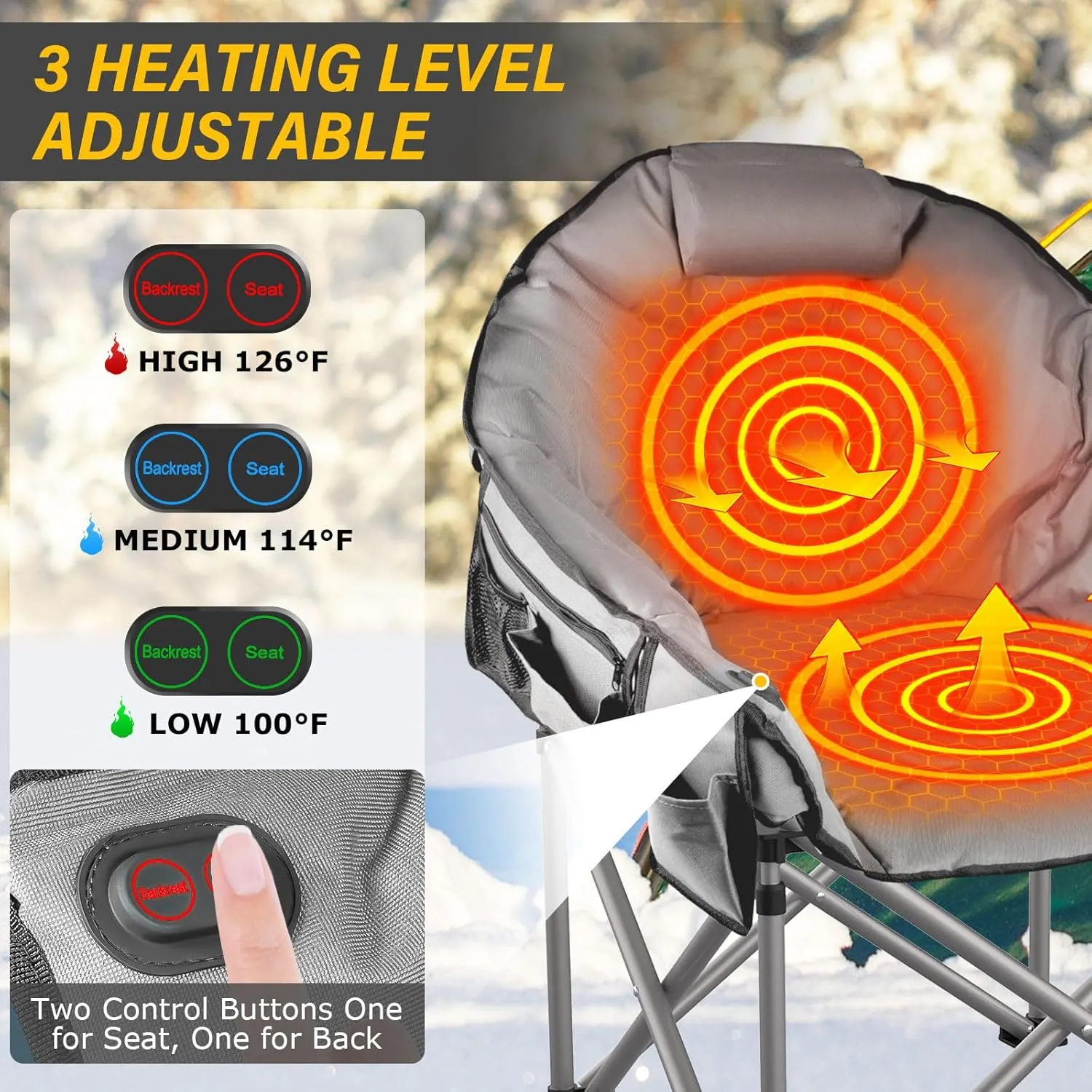 Oversized Heated Camping Chair, 3 Heat Levels Portable Heated Folding Chairs with 20,000mAh Power Bank, Camping Heated Chair for Adults Supports 440 lbs, Heavy Lawn Chair for Camping/Patio