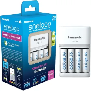 Panasonic eneloop SmartPlus Charger for 1–4 AA/AAA NI-MH Batteries, 4 LED Indicators, 10 Safety Functions, Includes 4 eneloop AA Batteries, Improved Capacity of min. 2000 mAh, Blue, K-KJ55MCD40E.