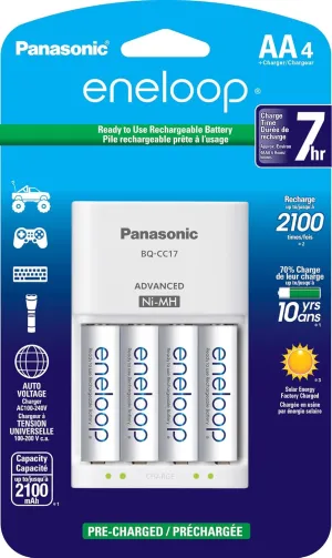 Panasonic K-KJ17MCA4BA Advanced Individual Cell Battery Charger Pack with 4 AA eneloop 2100 Cycle Rechargeable Batteries