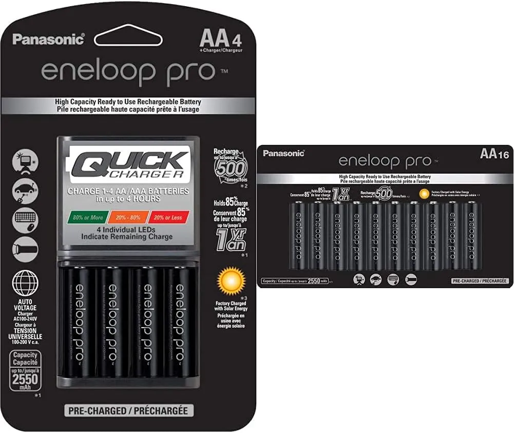 Panasonic K-KJ55KHC4BA Advanced 4 Hour Quick Battery Charger with 4AA eneloop pro Rechargeable Batteries & Panasonic BK-3HCCA16FA eneloop pro AA High Capacity Ni-MH Pre-Charged Batteries, 16 Pack