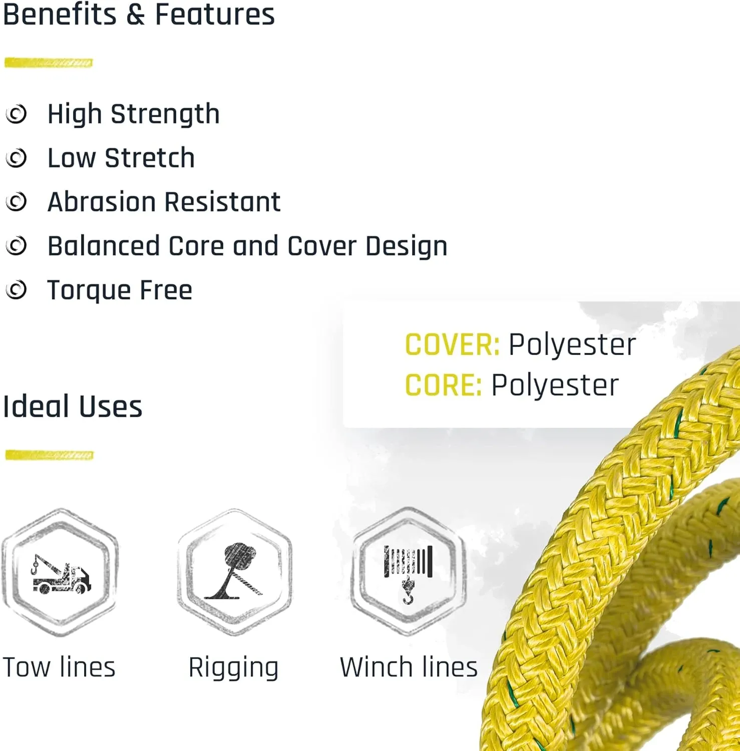 Pelican Rope High Strength Low Stretch Versatile Polyester Double Braid 100% Polyester Core and Cover The Ape Rigging Rope 1/2" 150 ft. Yellow - 11,000 lbs Tensile Strength