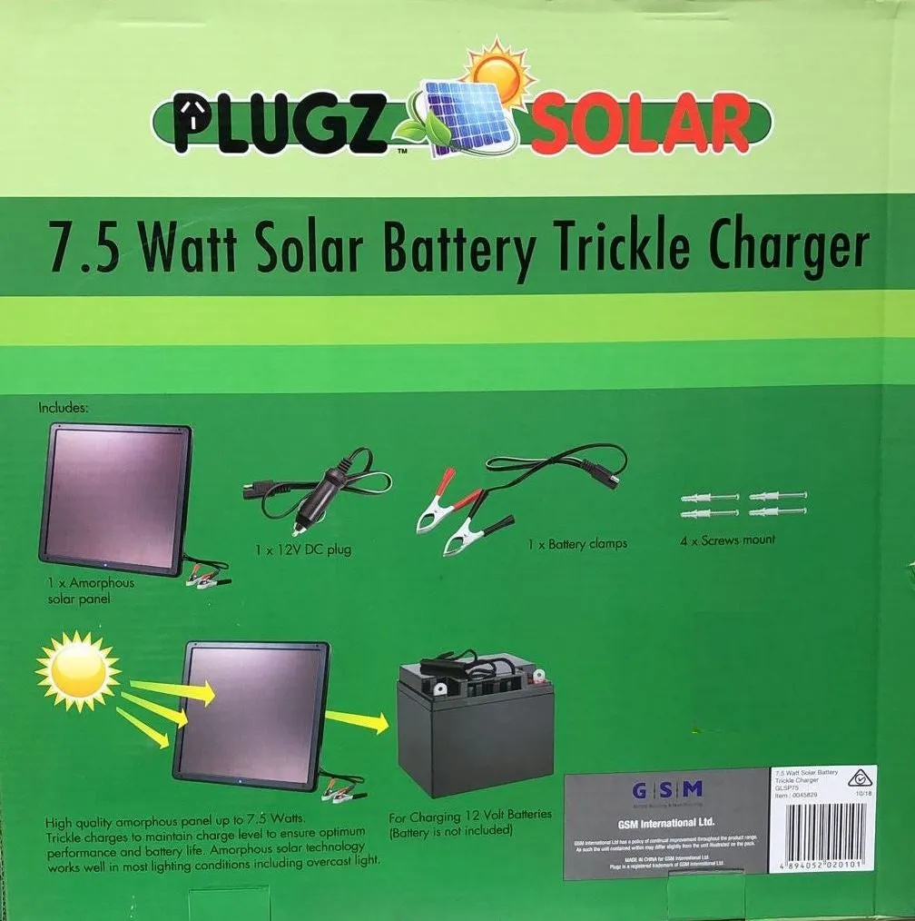 PLUGZ SOLAR 7.5W Solar Battery Trickle Charger / Environment Friendly