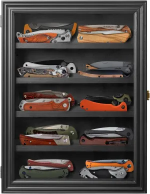 Pocket Knife Display Case for Wall, Pocket Knife Stand for Collections with Uv Protection Acrylic Lockable, 5 Rows Military Folding Knife Stand with Removable 2 Grooves Shelves Black