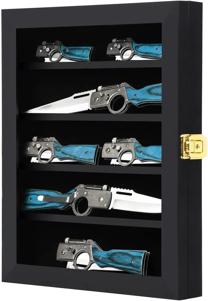 Pocket Knife Display Case Knife Collection Display Box for Wall Folding Knife Cabinet with Uv Protection Acrylic Lockable Black
