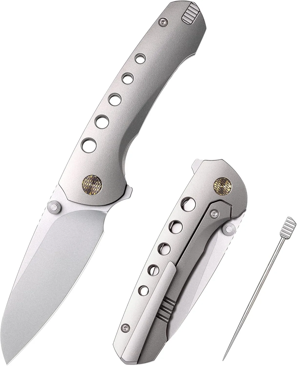 Pocket Knife with Titanium Toothpick Manual Grinding Pearlescent Satin M390 Blade Titanium Handle Flipper Opener Thumb Stud Folding Knives for Men Women Gifts (RT-BEE)