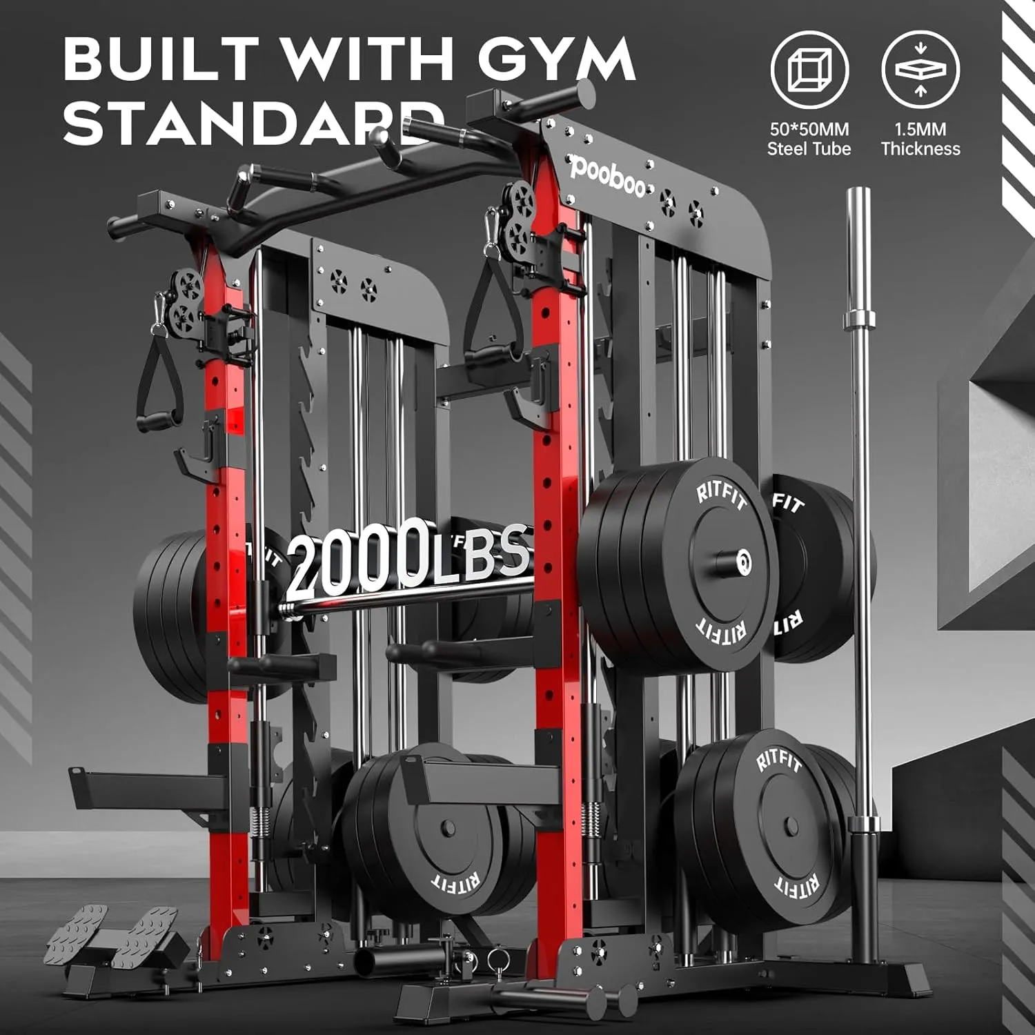 Pooboo Multi-Functional Machine Power Cage, 2000LB Squat Rack, LAT-Pull Down System, Dual Pulley Cable Crossover System, Home Gym Workout Machine with Strength Training Attachments