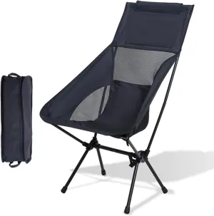 Portable High Back Camping Chair, Aluminum Frame Folding Camp Chair for Adults, Lightweight Compact with Carry Bag, Folding Backpacking Chair for Travel, Hiking, Beach, Fishing,Black