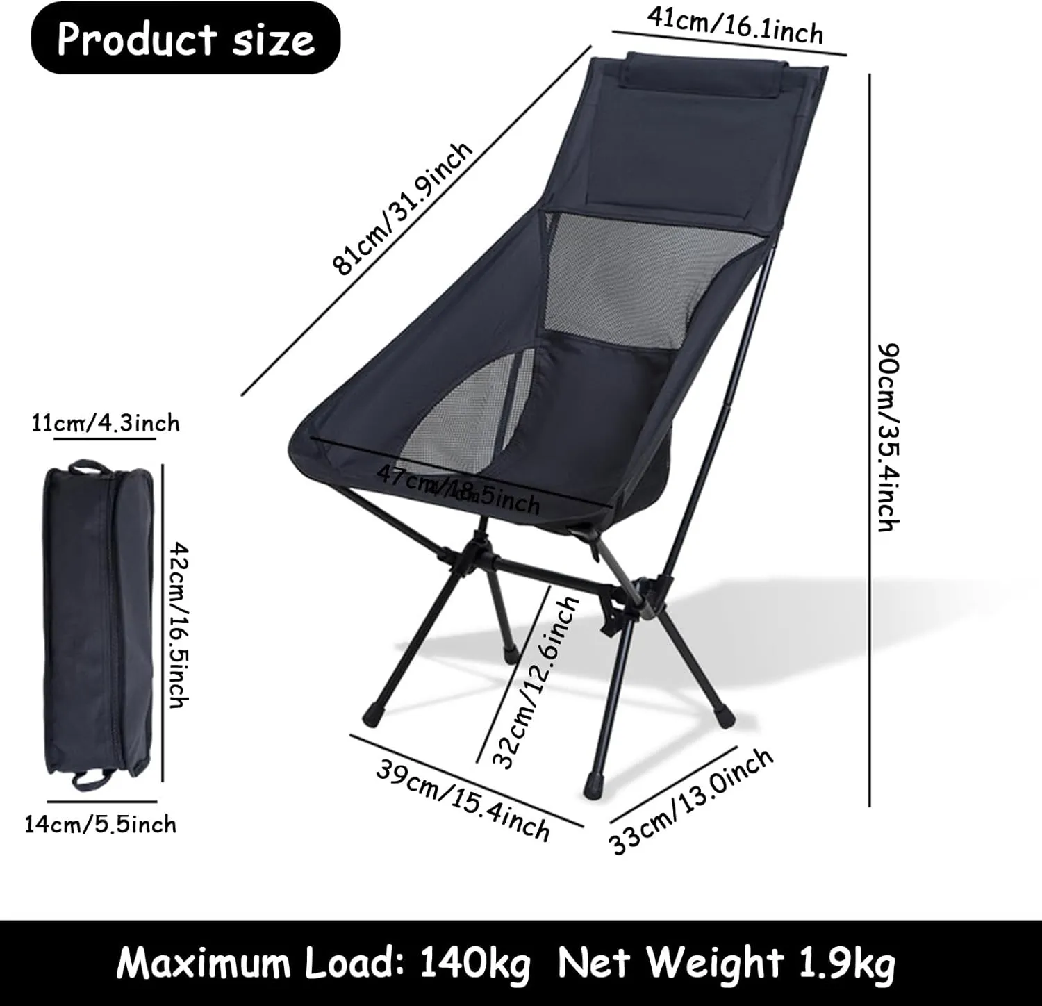 Portable High Back Camping Chair, Aluminum Frame Folding Camp Chair for Adults, Lightweight Compact with Carry Bag, Folding Backpacking Chair for Travel, Hiking, Beach, Fishing,Black