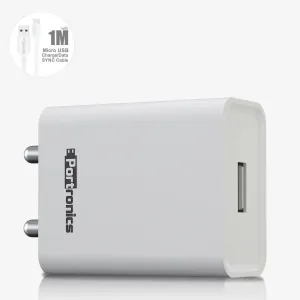 Portronics Adapto 62 12W Fast Wall Charger with 1M Micro USB Cable – Powerful 2.4A Single USB Charging Adapter (White)