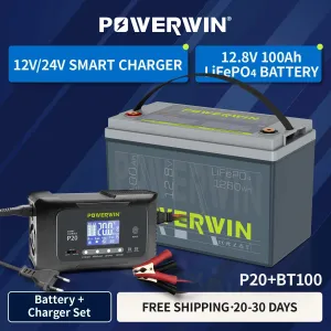 POWERWIN BT100 LifePO4 12V 100Ah/1280Wh P20 20A, 12V20A, 24V10A Smart Charger Automatic LCD AGM Lead-Acid Lithium Pulse Repair Temperature Protection for RV Camping Cabin Marine and Off-Grid System