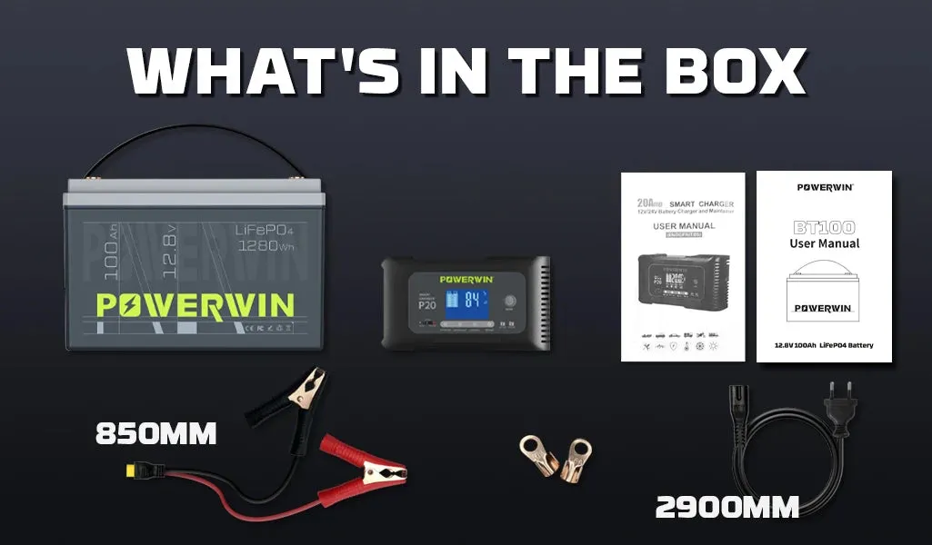 POWERWIN BT100 LifePO4 12V 100Ah/1280Wh P20 20A, 12V20A, 24V10A Smart Charger Automatic LCD AGM Lead-Acid Lithium Pulse Repair Temperature Protection for RV Camping Cabin Marine and Off-Grid System