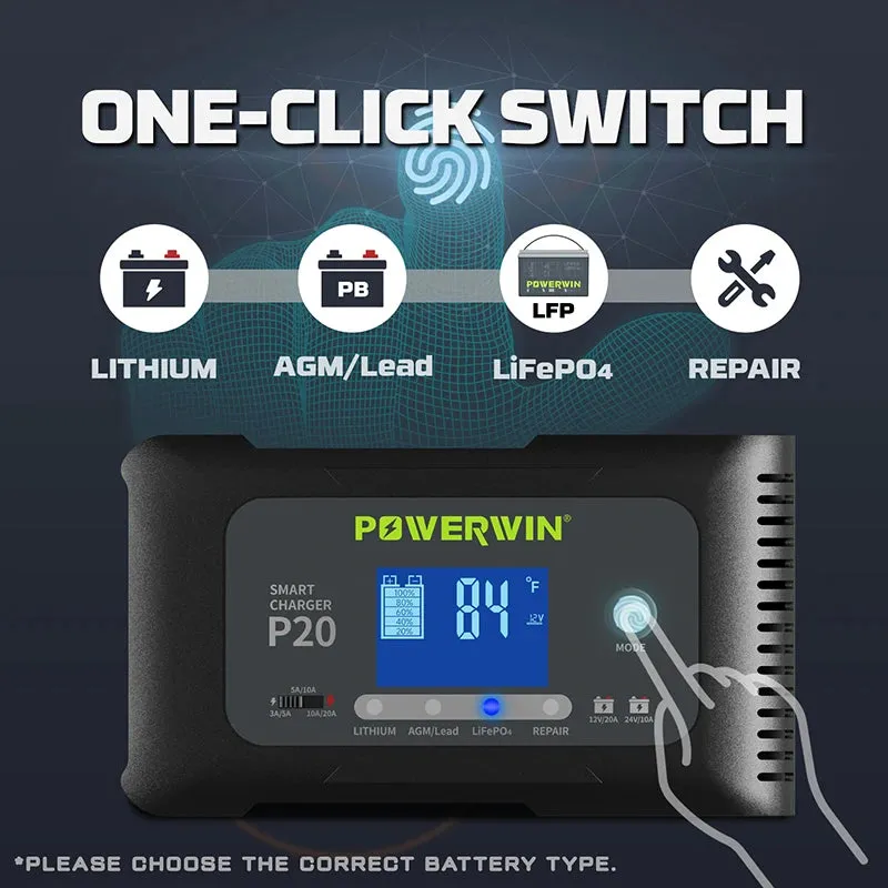 POWERWIN BT100 LifePO4 12V 100Ah/1280Wh P20 20A, 12V20A, 24V10A Smart Charger Automatic LCD AGM Lead-Acid Lithium Pulse Repair Temperature Protection for RV Camping Cabin Marine and Off-Grid System