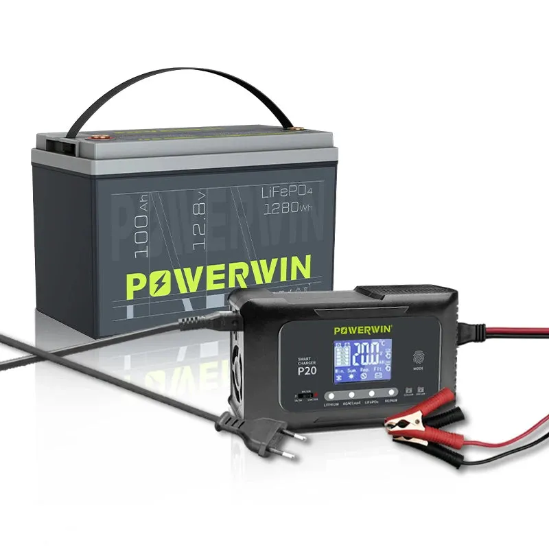 POWERWIN BT100 LifePO4 12V 100Ah/1280Wh P20 20A, 12V20A, 24V10A Smart Charger Automatic LCD AGM Lead-Acid Lithium Pulse Repair Temperature Protection for RV Camping Cabin Marine and Off-Grid System