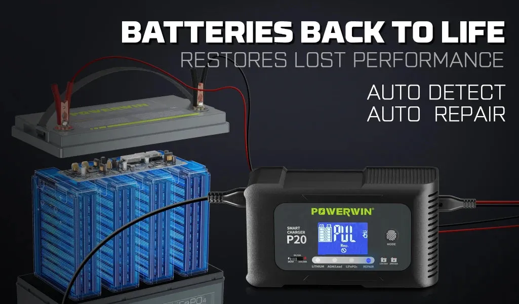 POWERWIN BT100 LifePO4 12V 100Ah/1280Wh P20 20A, 12V20A, 24V10A Smart Charger Automatic LCD AGM Lead-Acid Lithium Pulse Repair Temperature Protection for RV Camping Cabin Marine and Off-Grid System