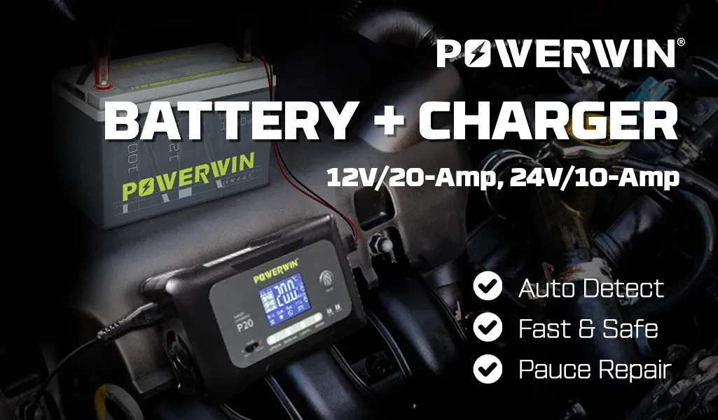 POWERWIN BT100 LifePO4 12V 100Ah/1280Wh P20 20A, 12V20A, 24V10A Smart Charger Automatic LCD AGM Lead-Acid Lithium Pulse Repair Temperature Protection for RV Camping Cabin Marine and Off-Grid System