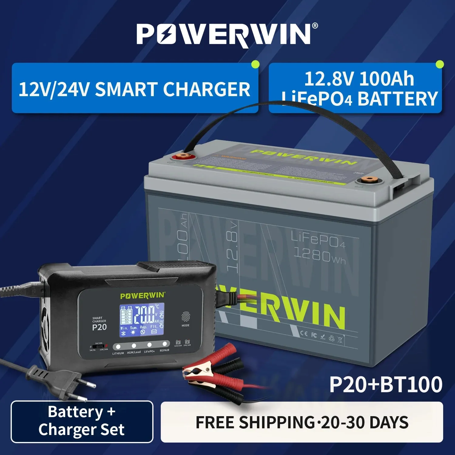 POWERWIN BT100 LifePO4 12V 100Ah/1280Wh P20 20A, 12V20A, 24V10A Smart Charger Automatic LCD AGM Lead-Acid Lithium Pulse Repair Temperature Protection for RV Camping Cabin Marine and Off-Grid System
