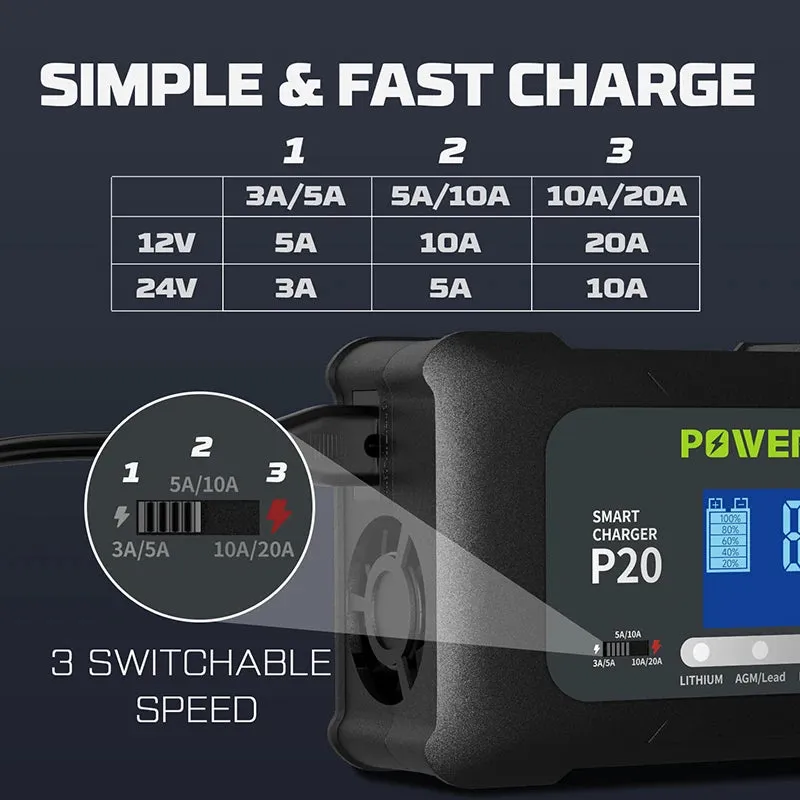 POWERWIN BT100 LifePO4 12V 100Ah/1280Wh P20 20A, 12V20A, 24V10A Smart Charger Automatic LCD AGM Lead-Acid Lithium Pulse Repair Temperature Protection for RV Camping Cabin Marine and Off-Grid System