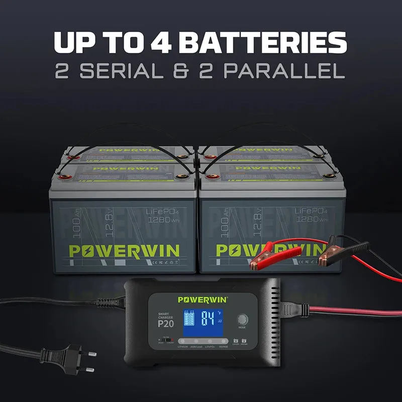 POWERWIN BT100 LifePO4 12V 100Ah/1280Wh P20 20A, 12V20A, 24V10A Smart Charger Automatic LCD AGM Lead-Acid Lithium Pulse Repair Temperature Protection for RV Camping Cabin Marine and Off-Grid System