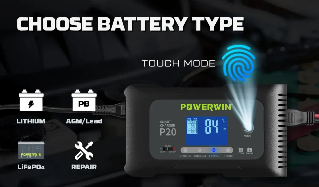 POWERWIN BT100 LifePO4 12V 100Ah/1280Wh P20 20A, 12V20A, 24V10A Smart Charger Automatic LCD AGM Lead-Acid Lithium Pulse Repair Temperature Protection for RV Camping Cabin Marine and Off-Grid System