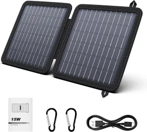 Powkey Portable Solar Panel Chargers with 15W USB-A USB-C DC Output Foldable Power Emergency ETFE Panels, Solar Battery Charger Compatible with Cell Phone iPad for Backpacking, Camping, Hiking (15W)