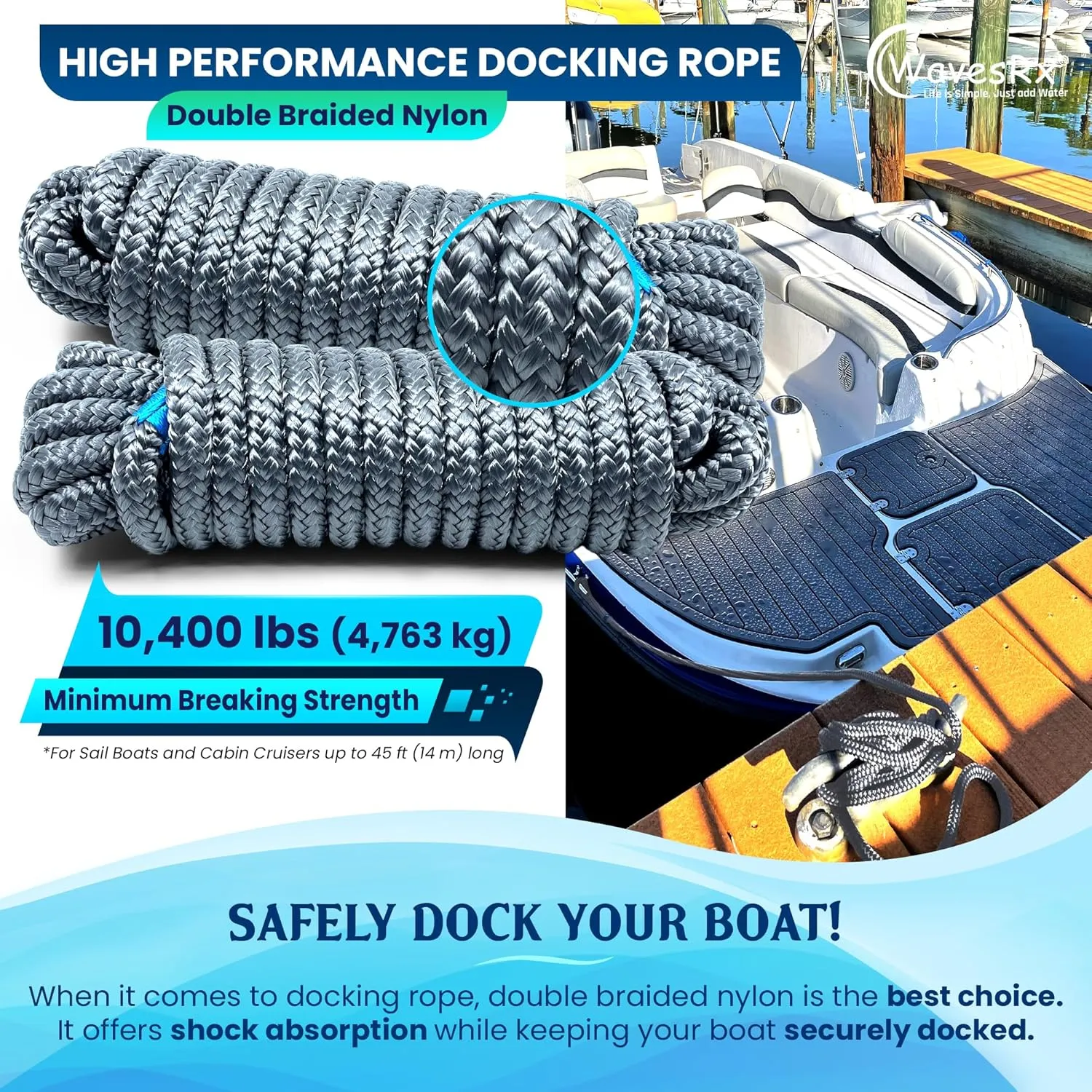 Premium Nylon Boat Dock Lines & Ropes for Docking & Pontoon | Double Braided Marine Rope | Boat Ropes for Docking with Loop | UV & Saltwater Resistant Dock Ropes for Boats & Mooring Line